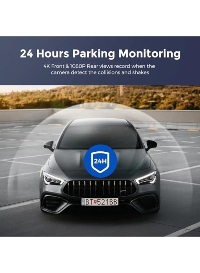 كاميرا داش 4K للسيارة، كاميرا أمامية وخلفية للسيارات، كاميرتان بقناتين وعدسة مزدوجة بزاوية واسعة للغاية مع رؤية ليلية، تحكم واي فاي، استشعار الجاذبية، وضع وقوف السيارات على مدار 24 ساعة، تسجيل متكرر، WDR - Image 4